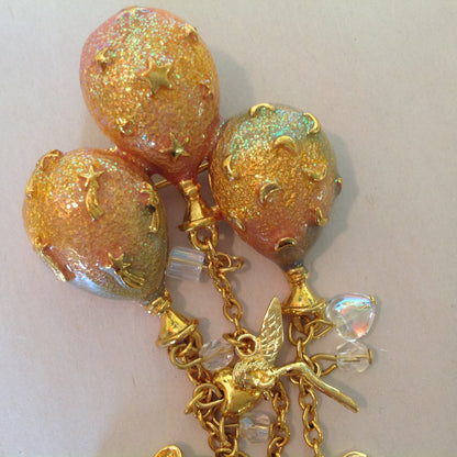 Vintage Kirks Folly Goldtone Dangle Brooch Teddy Bear Three Balloon Fairy Iridescent Charm with Box