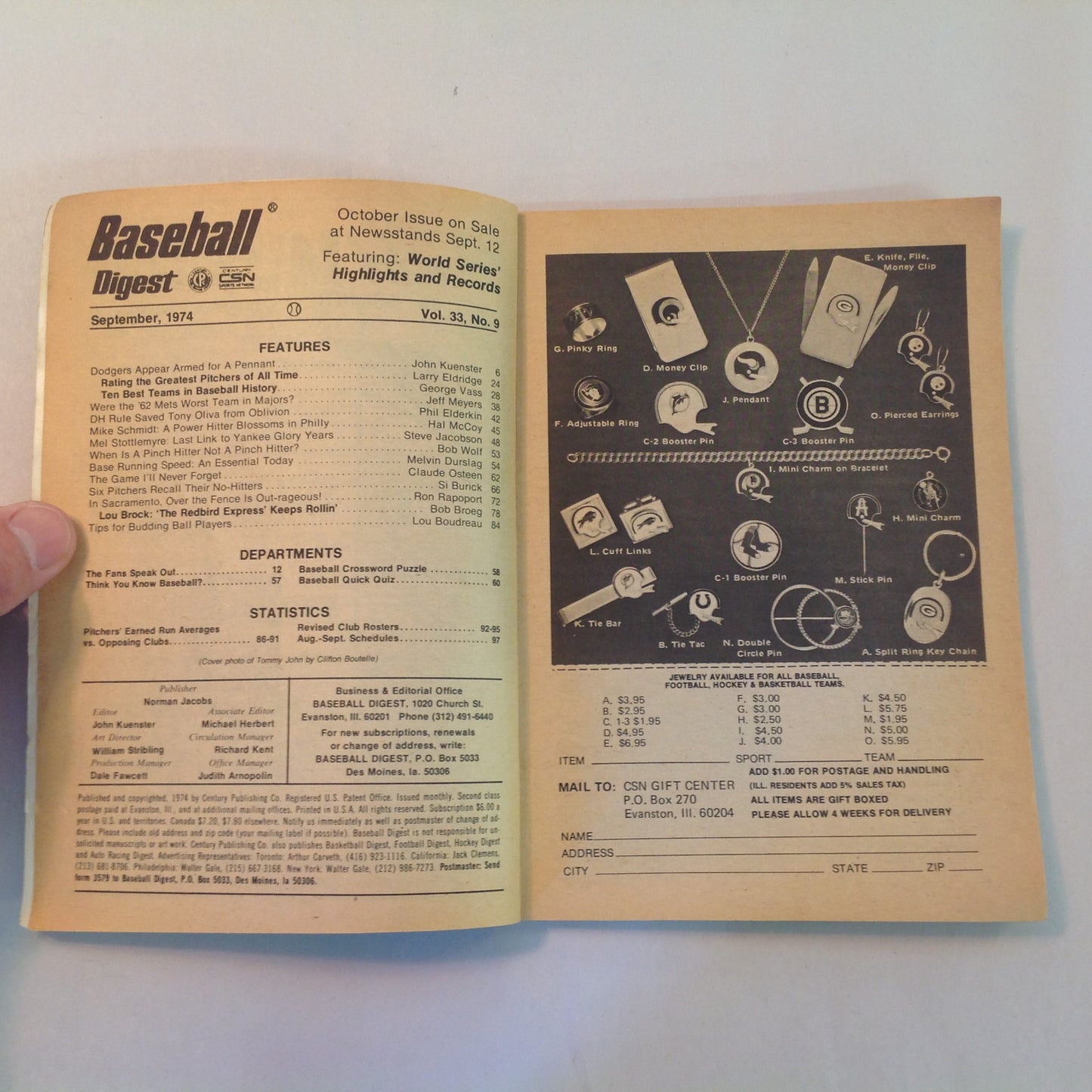 Vintage Sep 1974 Baseball Digest Magazine The Dodgers: Armed for a Pennant? Tommy John