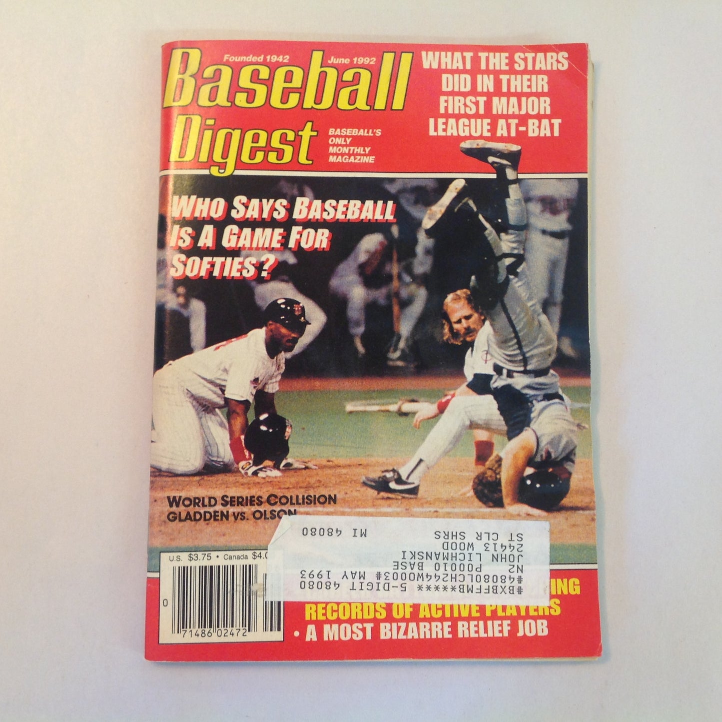 Vintage Jun 1992 Baseball Digest Magazine Who Says Baseball is a Game for Softies? World Series Collision: Gladden Vs. Olson