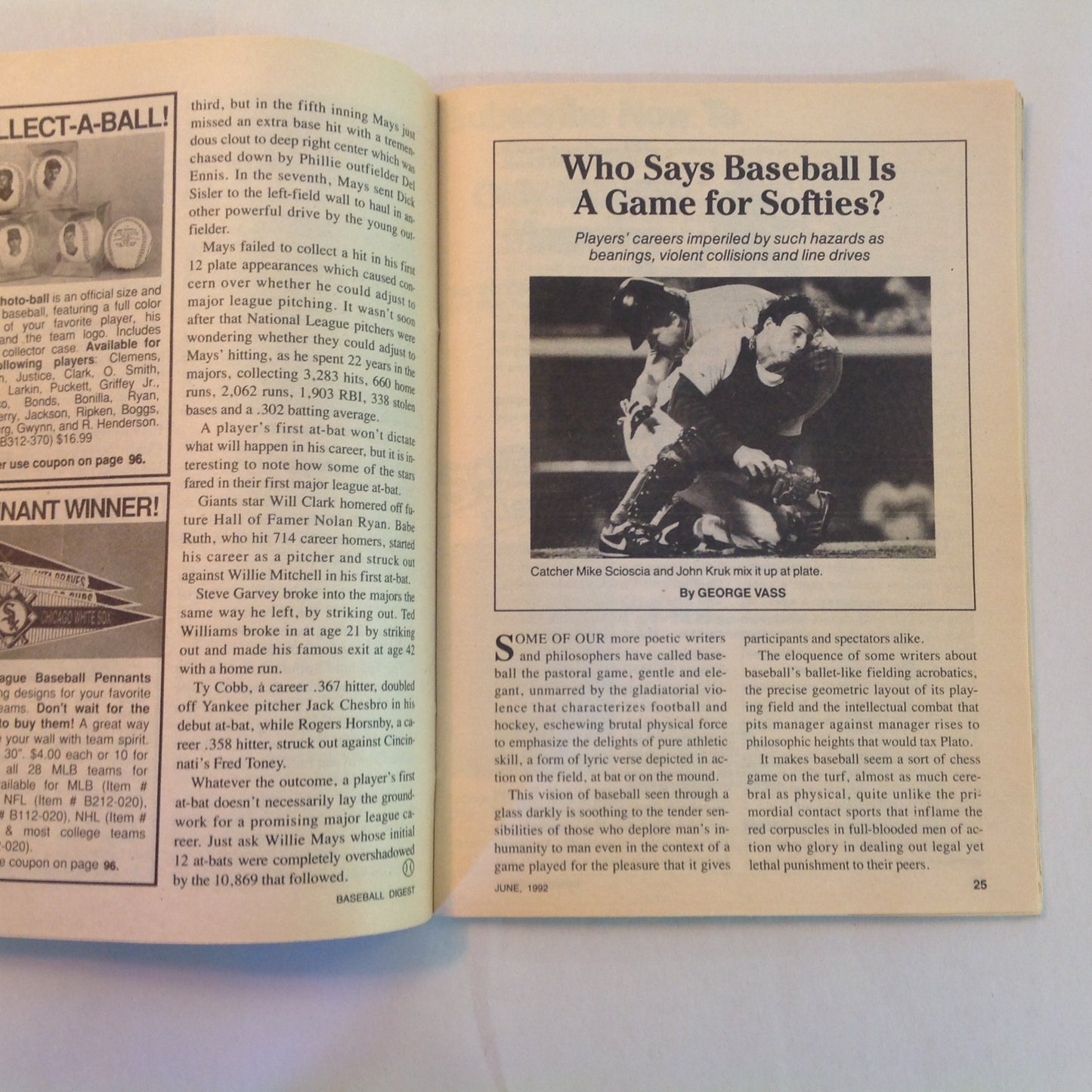 Vintage Jun 1992 Baseball Digest Magazine Who Says Baseball is a Game for Softies? World Series Collision: Gladden Vs. Olson