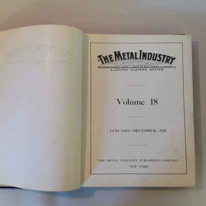 Antique 1920 Hardcover The Metal Industry Volume 18: January-December 1920 Trade Publications Bound