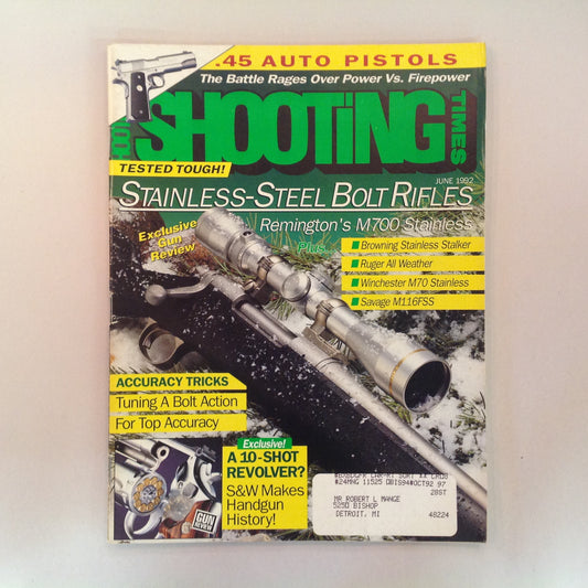 Vintage Jun 1992 Shooting Times Magazine Stainless-Steel Bolt Rifles 10-Shot Revolver .45 Auto Pistols