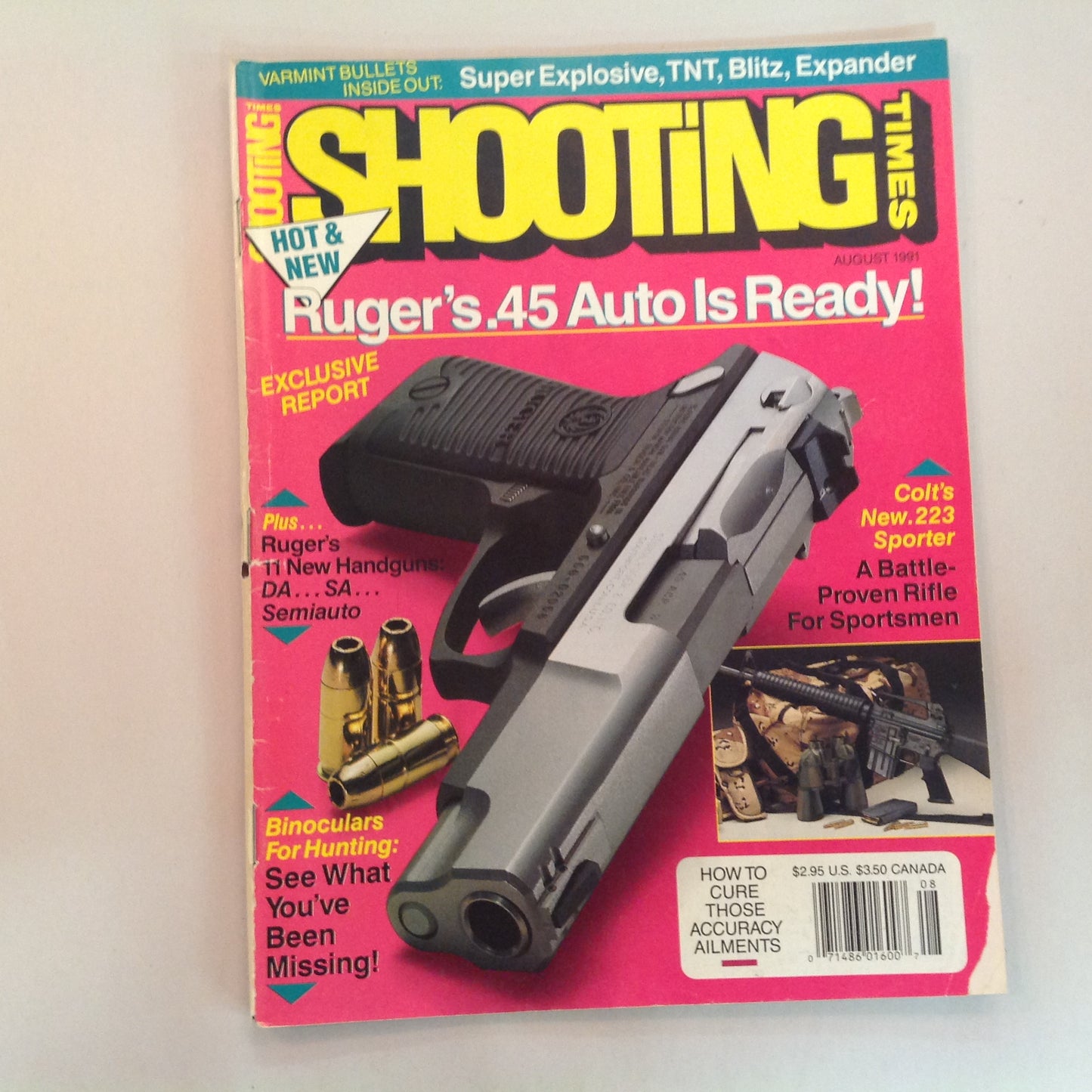 Vintage Aug 1991 Shooting Times Magazine Ruger's .45 Auto Is Ready Colt's .223 Binoculars for Hunting
