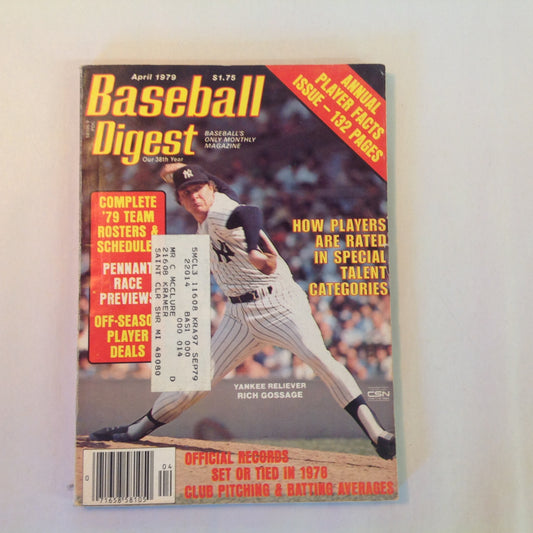 Vintage Apr 1979 Baseball Digest Magazine How Players Are Rated in Special Talent Categories Yankee Reliever Rich Gossage