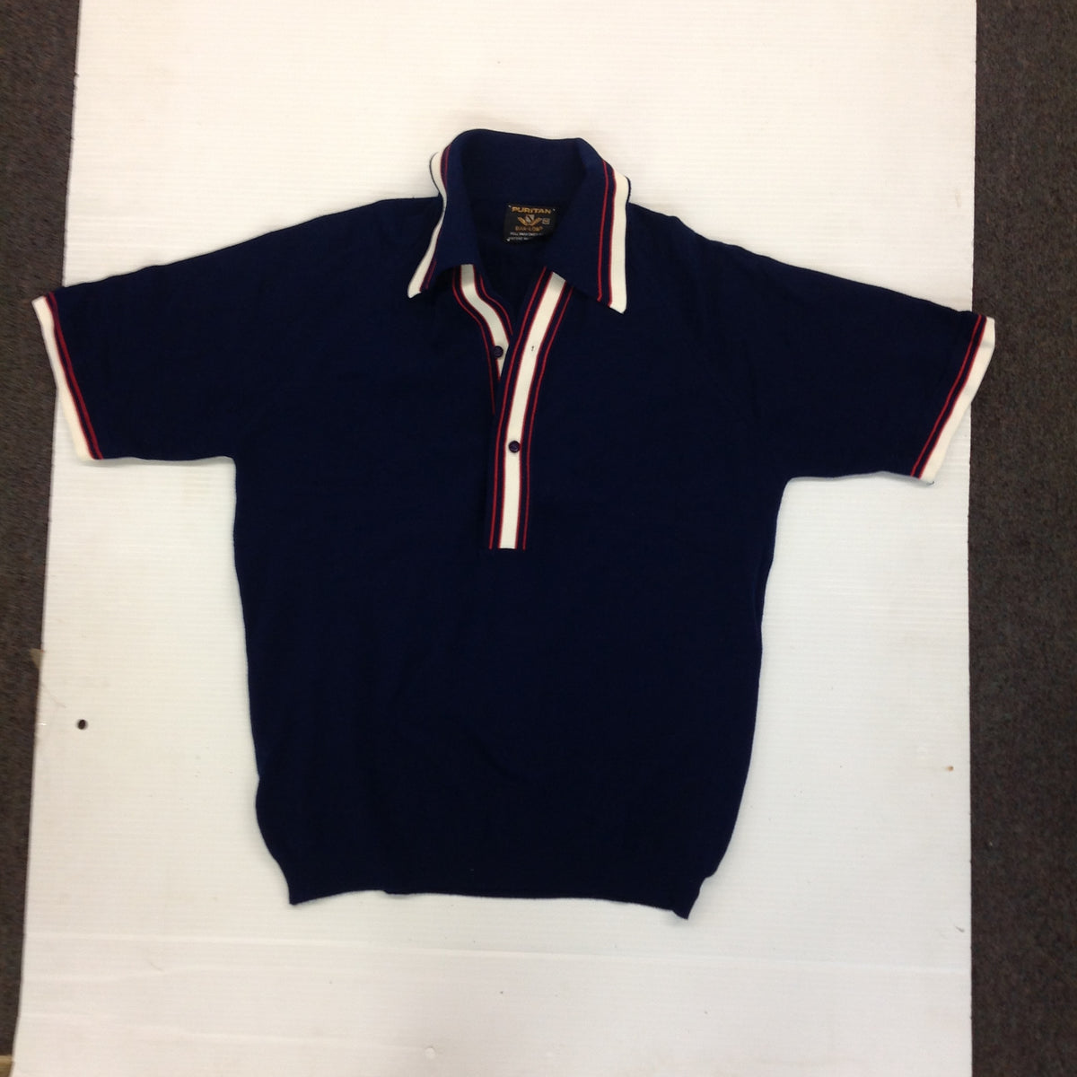 Vintage 1970's Puritan Ban-Lon Knit Short Sleeve Collared Shirt Red White Navy Blue