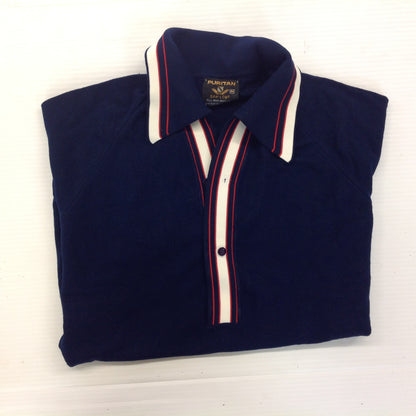 Vintage 1970's Puritan Ban-Lon Knit Short Sleeve Collared Shirt Red White Navy Blue