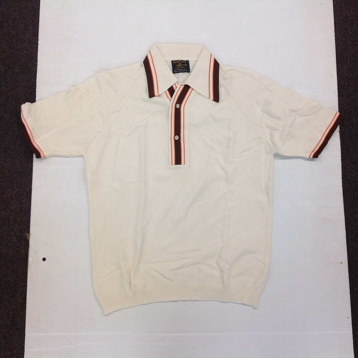 Vintage 1970's Puritan Ban-Lon Knit Short Sleeve Collared Shirt Cream Brown Orange