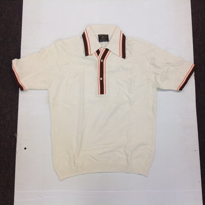 Vintage 1970's Puritan Ban-Lon Knit Short Sleeve Collared Shirt Cream Brown Orange