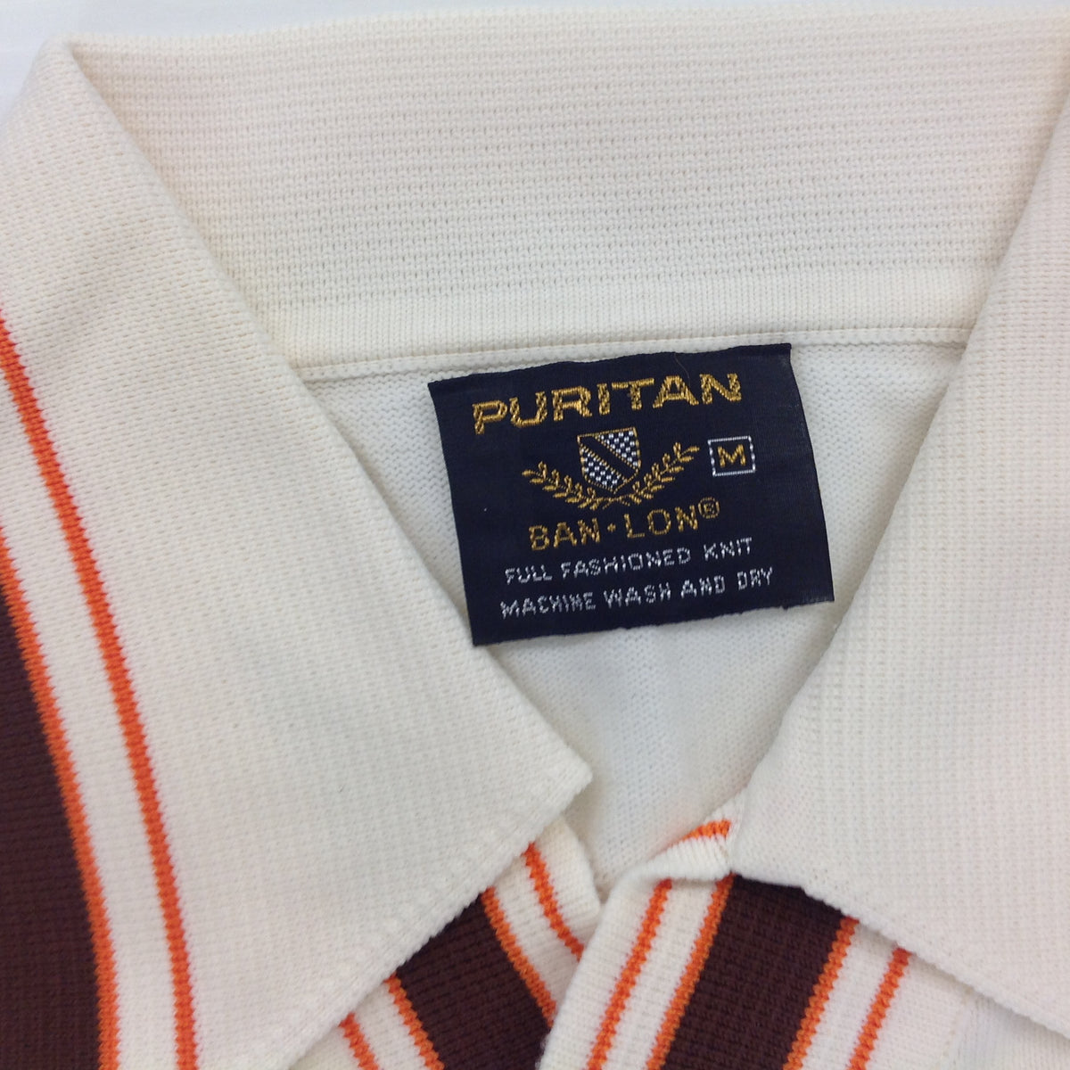 Vintage 1970's Puritan Ban-Lon Knit Short Sleeve Collared Shirt Cream Brown Orange