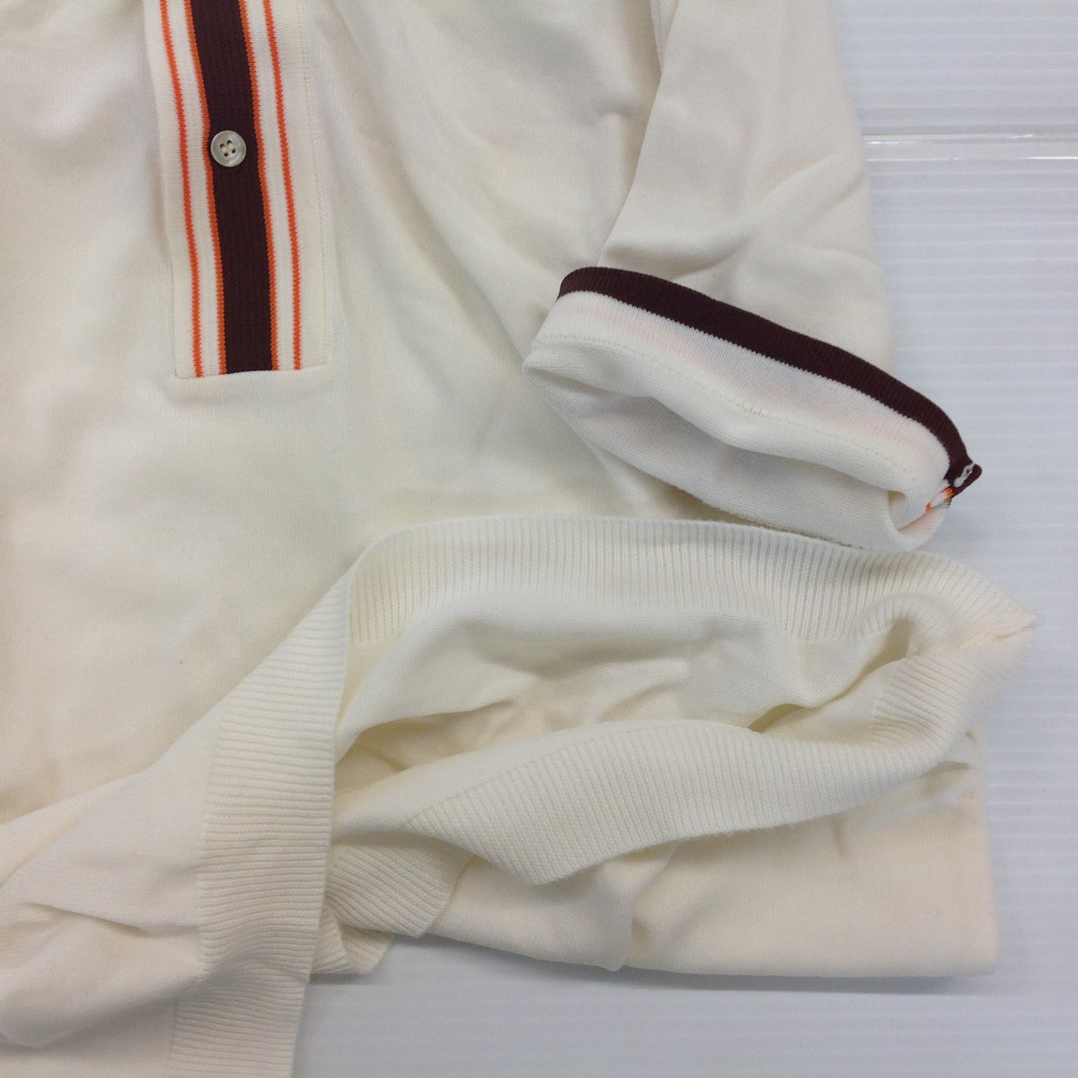 Vintage 1970's Puritan Ban-Lon Knit Short Sleeve Collared Shirt Cream Brown Orange