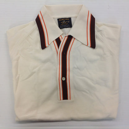 Vintage 1970's Puritan Ban-Lon Knit Short Sleeve Collared Shirt Cream Brown Orange