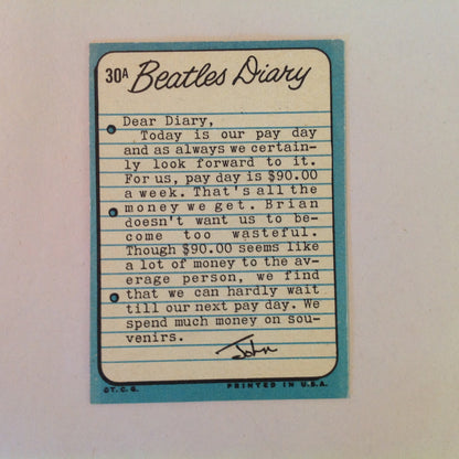 Vintage 1964 Topps Beatles Diary Cards No. 30A Paul McCartney Pay Day From John