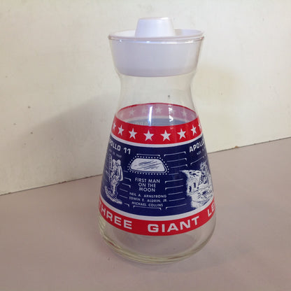 Vintage NOS Libbey Glass 1969 Commemorative Apollo 11 12 13 Carafe Blue Red USA Three Giant Leaps for Mankind