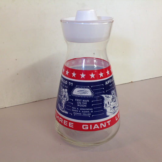 Vintage NOS Libbey Glass 1969 Commemorative Apollo 11 12 13 Carafe Blue Red USA Three Giant Leaps for Mankind