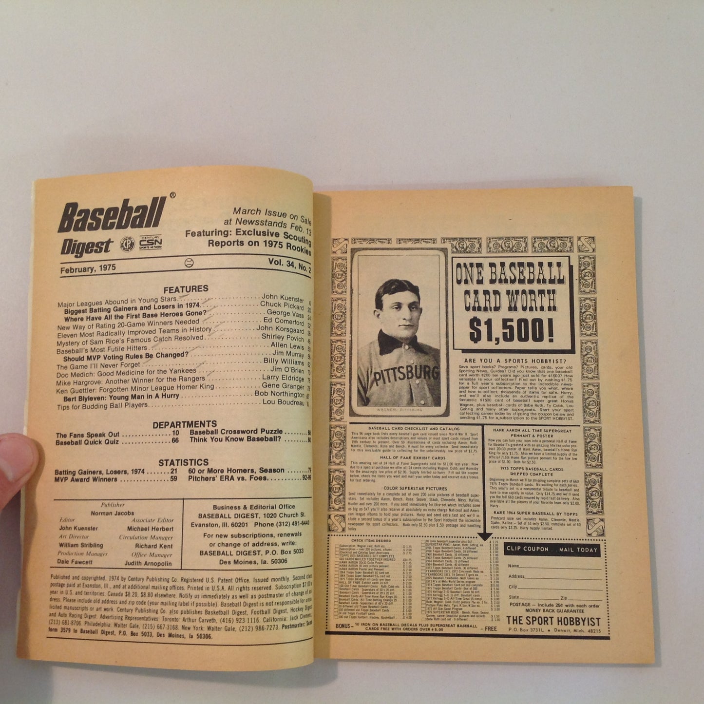Vintage Feb 1975 Baseball Digest Magazine Steve Garvey: First Base Hero
