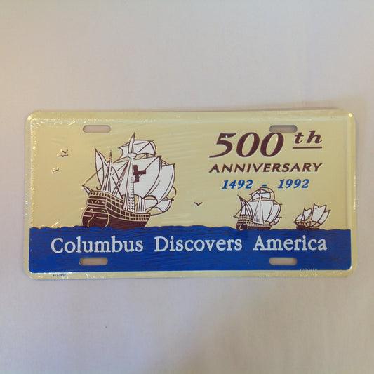 Vintage NOS Novelty Aluminum License Plate Columbus Discovers America 500th Anniversary 1492-1992