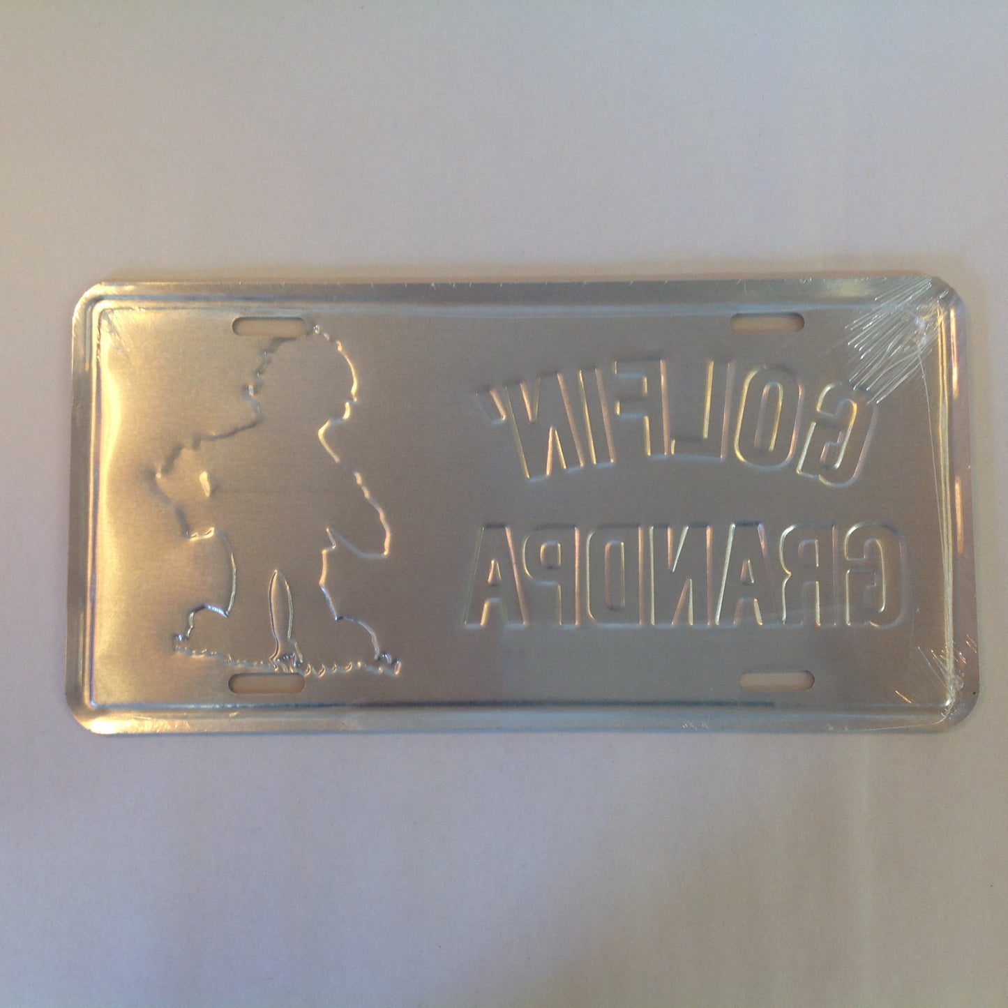 Vintage NOS Novelty Aluminum License Plate Golfin' Grandpa Cartoon Image