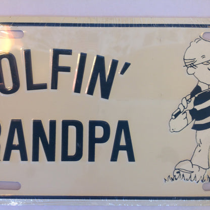 Vintage NOS Novelty Aluminum License Plate Golfin' Grandpa Cartoon Image