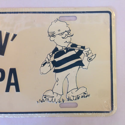 Vintage NOS Novelty Aluminum License Plate Golfin' Grandpa Cartoon Image