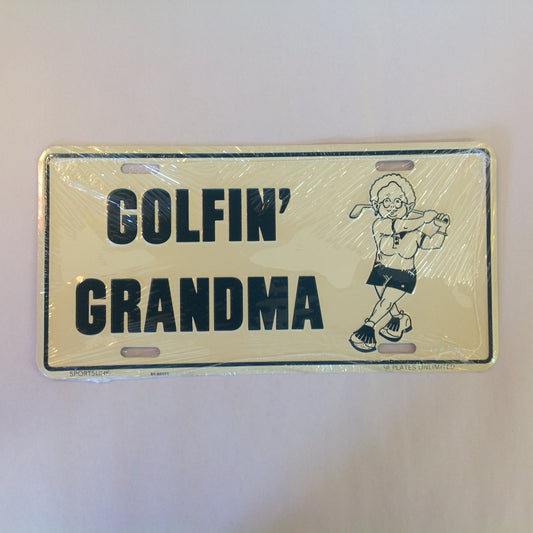 Vintage NOS Novelty Aluminum License Plate Golfin' Grandma Cartoon Image