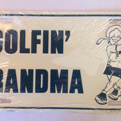 Vintage NOS Novelty Aluminum License Plate Golfin' Grandma Cartoon Image