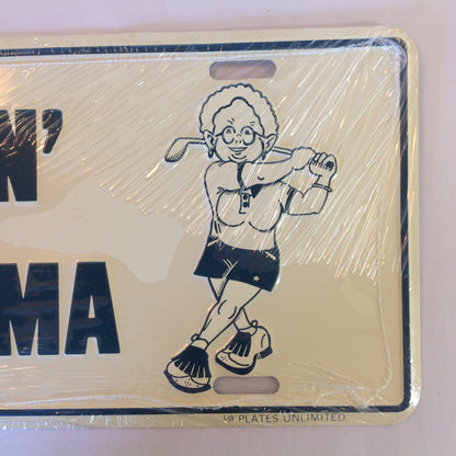 Vintage NOS Novelty Aluminum License Plate Golfin' Grandma Cartoon Image