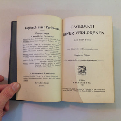 Vintage 1909 Hardcover Tagebuch Einer Verlorenen (Diary of a Lost Girl) Von Einer Toten German Language Book