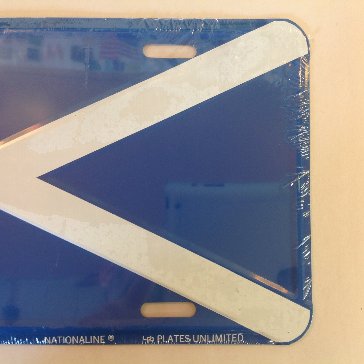 Vintage NOS Novelty Aluminum License Plate Scottish Flag Scotland Scots Blue X