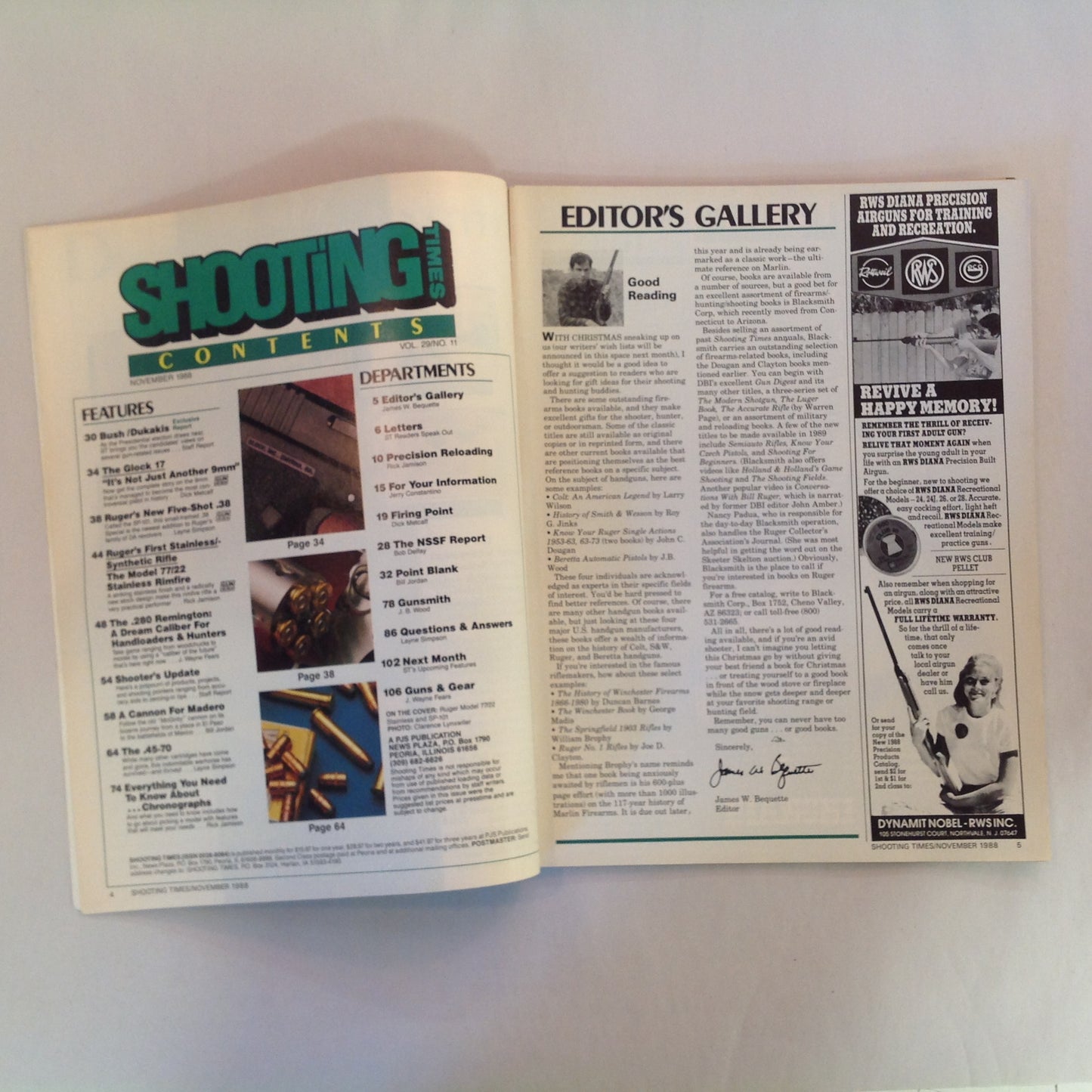 Vintage Nov 1988 Shooting Times Magazine Ruger's Synthetic Stainless .22 Bolt Rifle Ruger's First Five Shot .38 Special