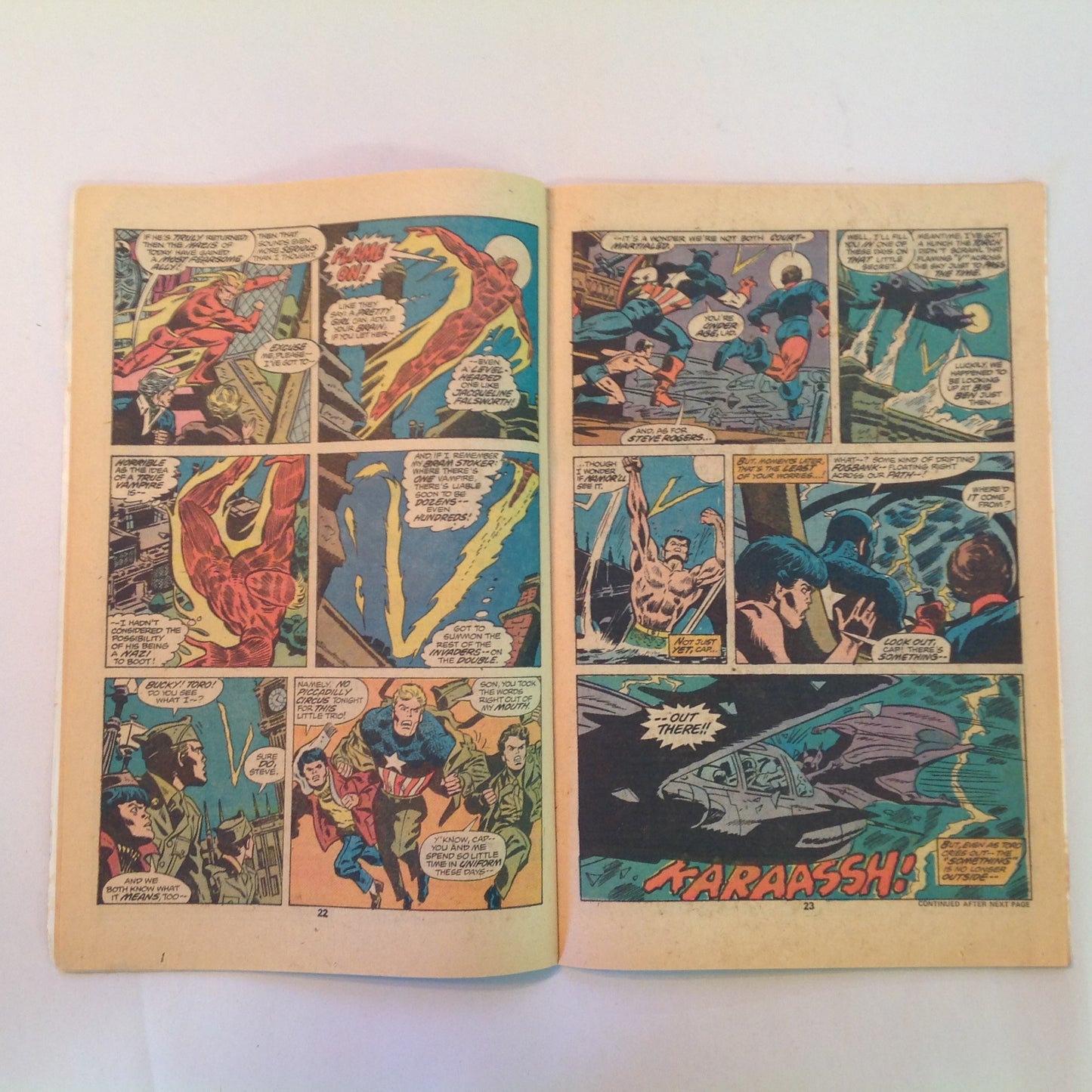 Vintage 1976 Marvel Comics The Invaders Issue 7 "The Blackout Murders of Baron Blood!" Captain America Human Torch Namor Sub-Mariner