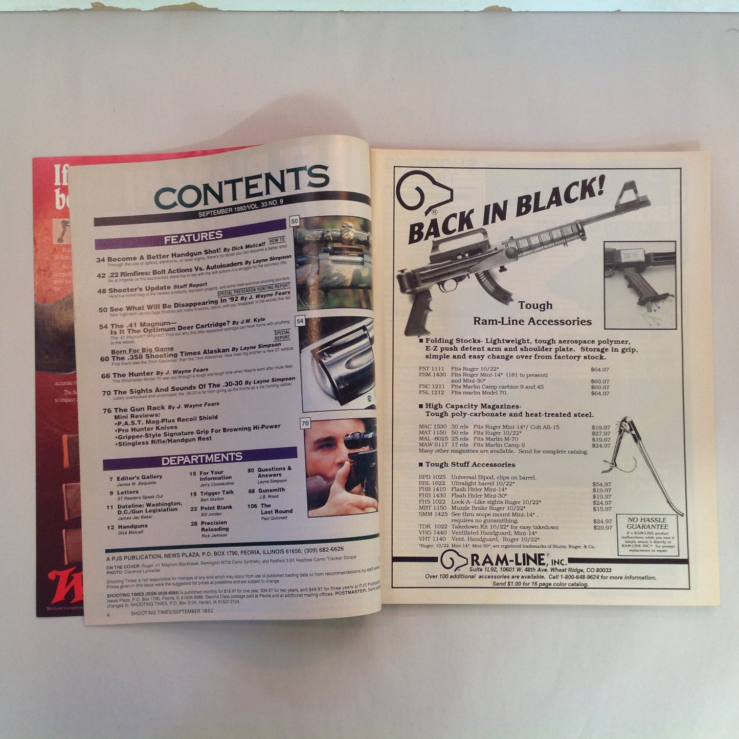 Vintage Sep 1992 Shooting Times Magazine .41 Magnum .22 Bolt Vs Auto .358 Shooting Times Alaskan Special Report: Handgun Hunting Holsters