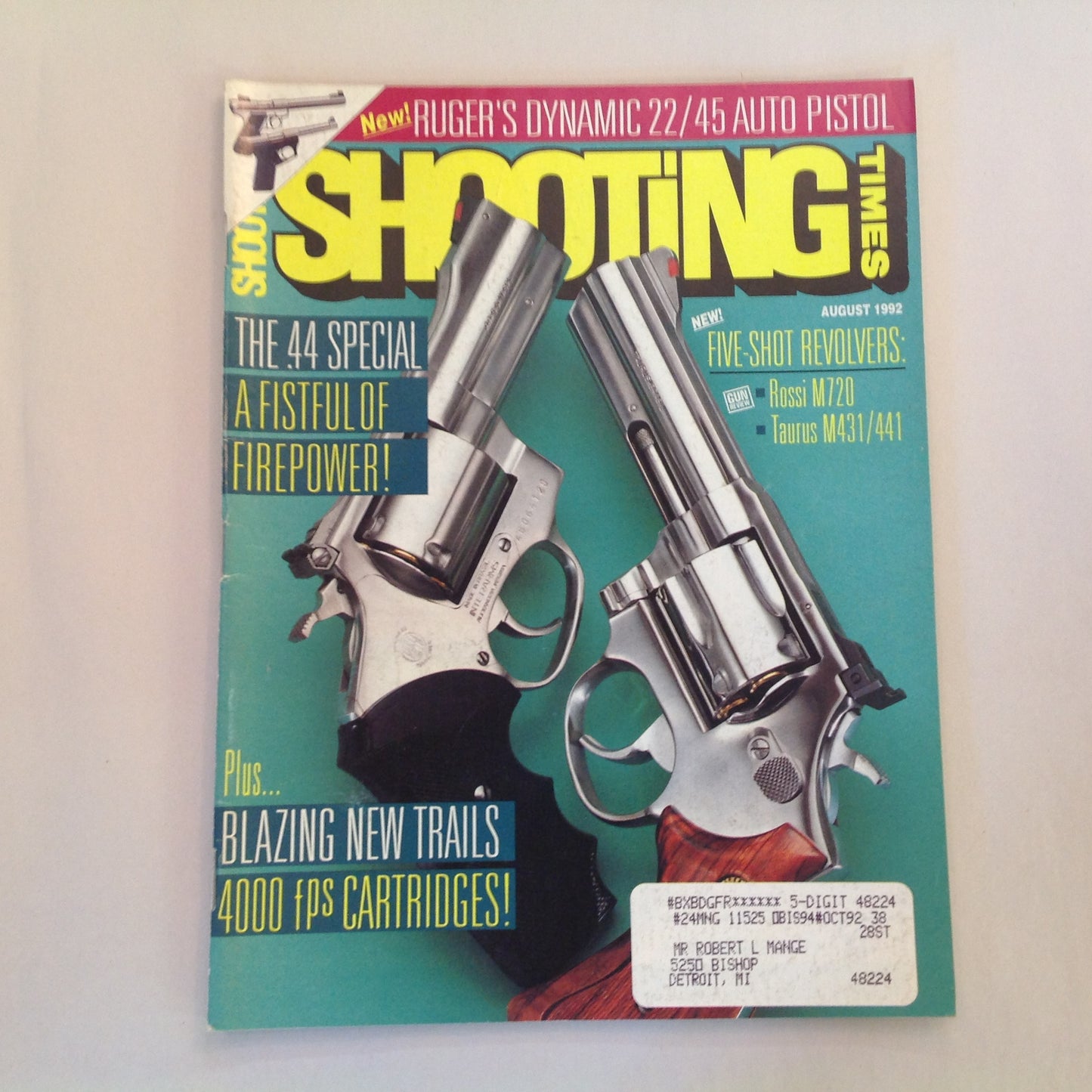 Vintage Aug 1992 Shooting Times Magazine Ruger .22/.45 Auto Pistol .44 Special Five Shot Revolvers 4000fps Cartridges