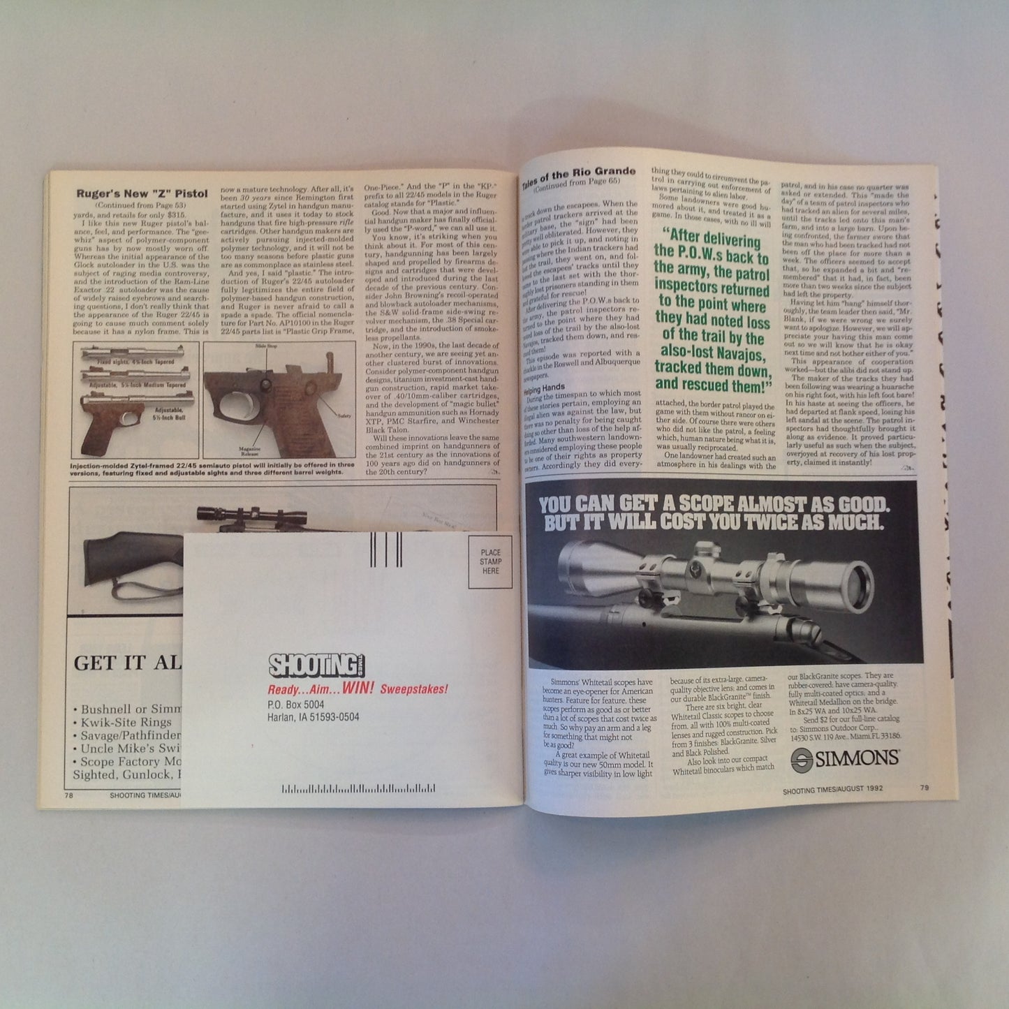 Vintage Aug 1992 Shooting Times Magazine Ruger .22/.45 Auto Pistol .44 Special Five Shot Revolvers 4000fps Cartridges