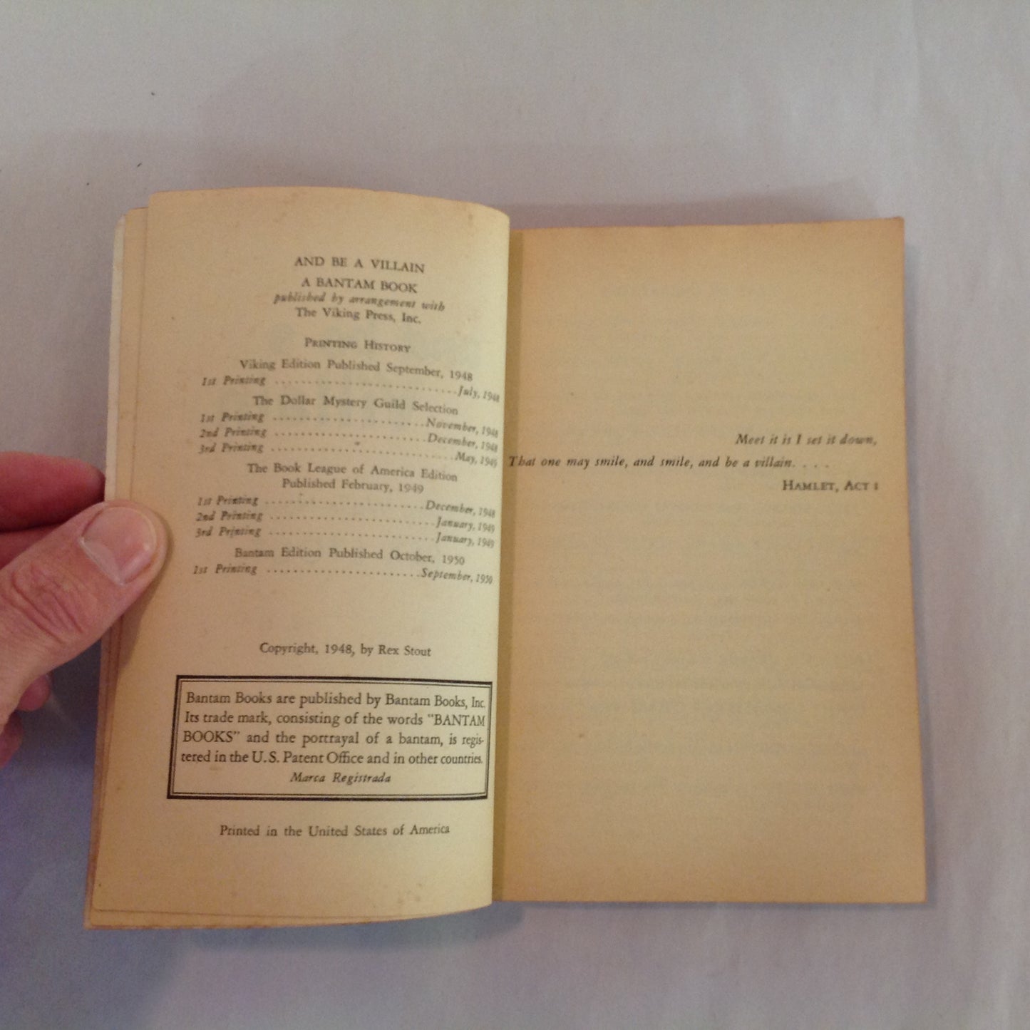 Vintage 1950 Mass Market Paperback And Be A Villain Rex Stout Bantam First