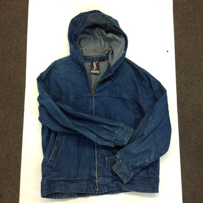 Vintage 1990's YSL Sport Yves Saint Laurent Hooded Blue Denim Jean Jacket Zip Up XL