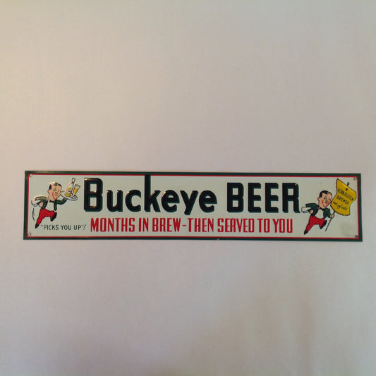 Vintage 1950's-60's Enamel Paint Metal Door Handle Push Plate Sign Buckeye Beer "Picks You Up!"