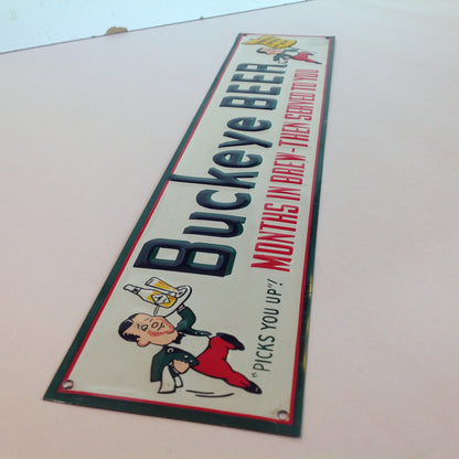 Vintage 1950's-60's Enamel Paint Metal Door Handle Push Plate Sign Buckeye Beer "Picks You Up!"