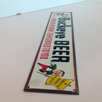 Vintage 1950's-60's Enamel Paint Metal Door Handle Push Plate Sign Buckeye Beer "Picks You Up!"