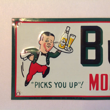 Vintage 1950's-60's Enamel Paint Metal Door Handle Push Plate Sign Buckeye Beer "Picks You Up!"