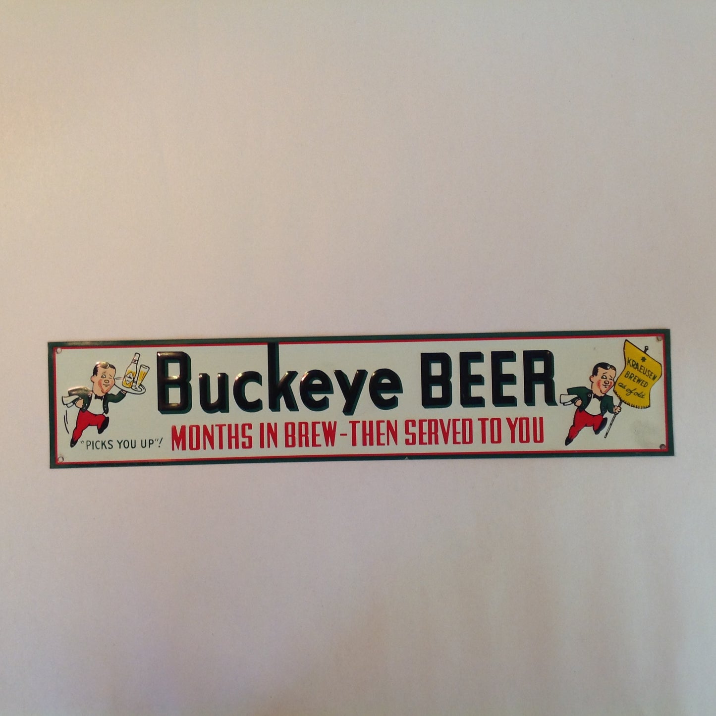 Vintage 1950's-60's Enamel Paint Metal Door Handle Push Plate Sign Buckeye Beer "Picks You Up!"