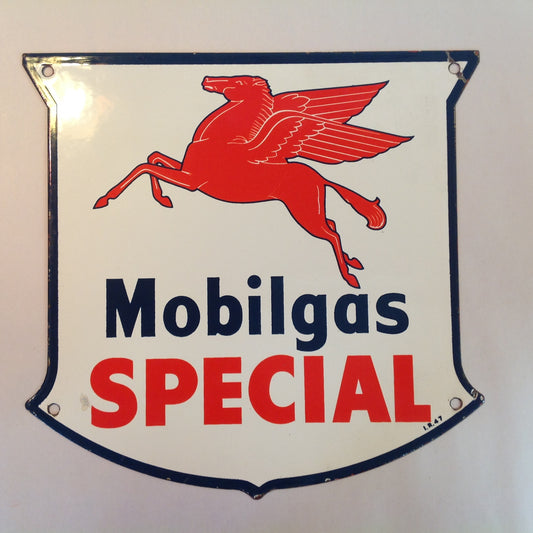 Vintage 1947 Porcelain Enamel Gas Pump Plate Mobilgas Mobil Special Shield Red Pegasus Sign