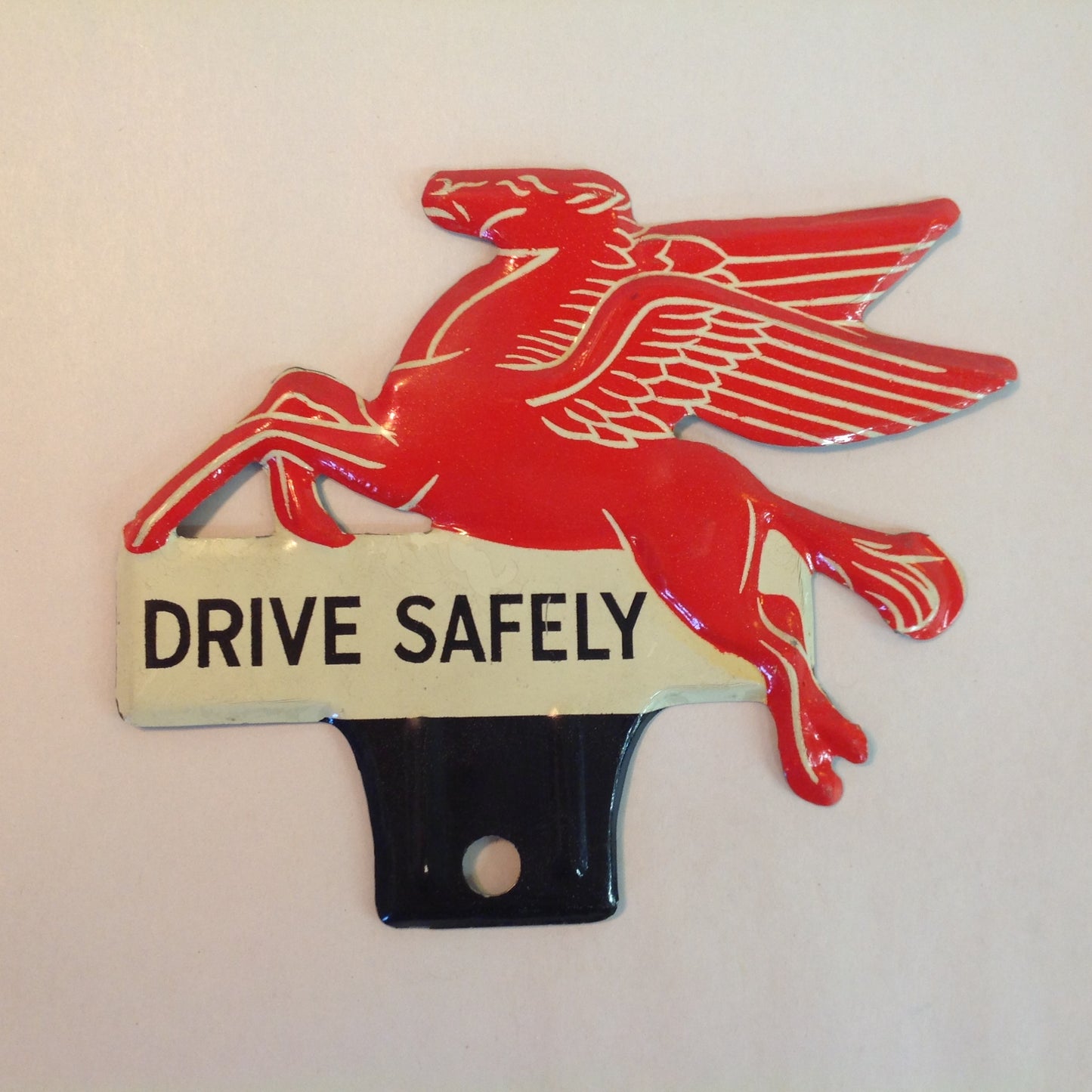 Vintage 1950's-60's Enamel Painted Gas Plate Topper Mobil Drive Safely Red Pegasus
