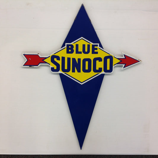 Vintage 1950's-60's Porcelain Enamel Gas Pump Plate Badge Blue Sunoco
