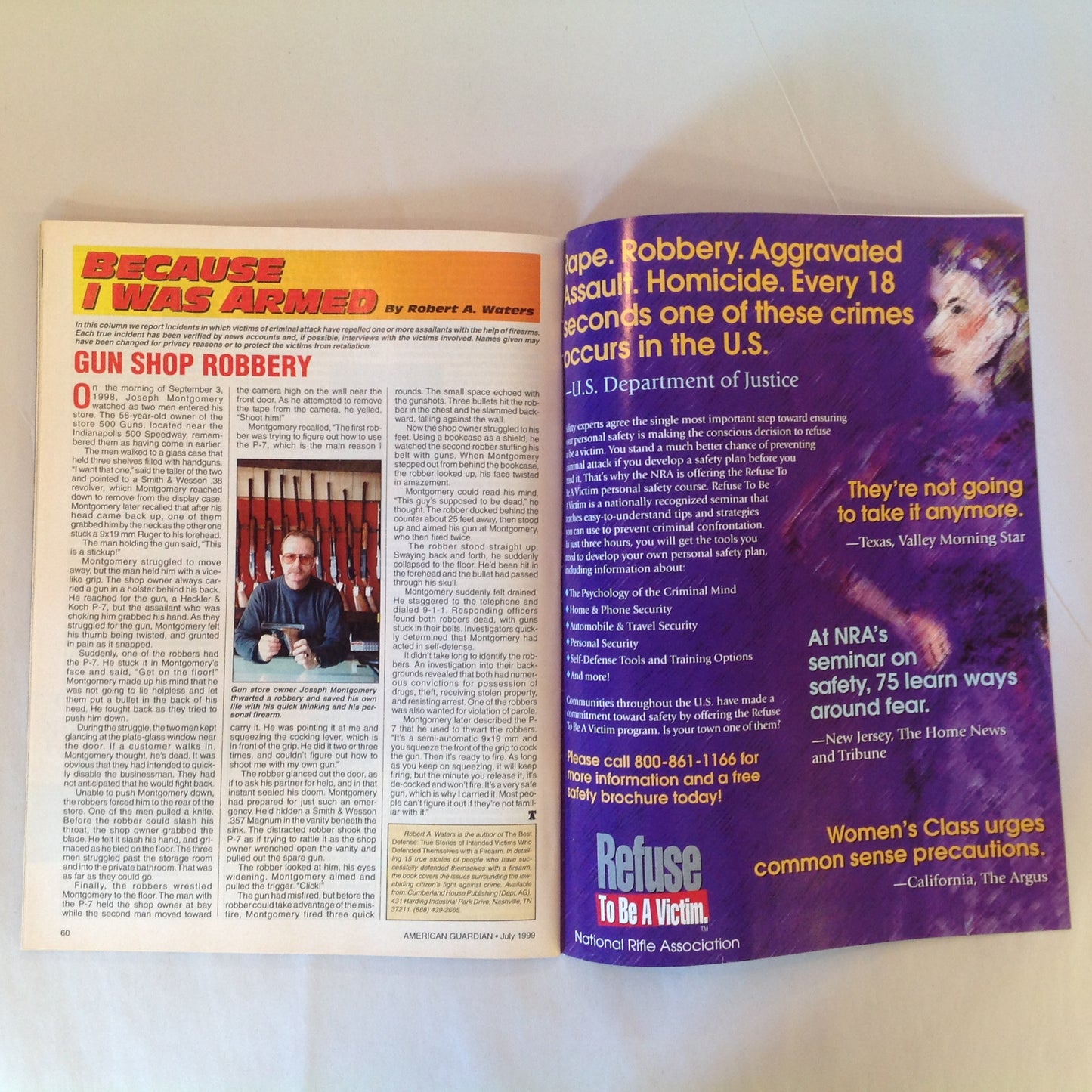 Vintage Jul 1999 American Guardian Magazine NRA Journal Trends in Law Enforcement Handguns Firearms Training Facilities Secrets of Concealed Carry