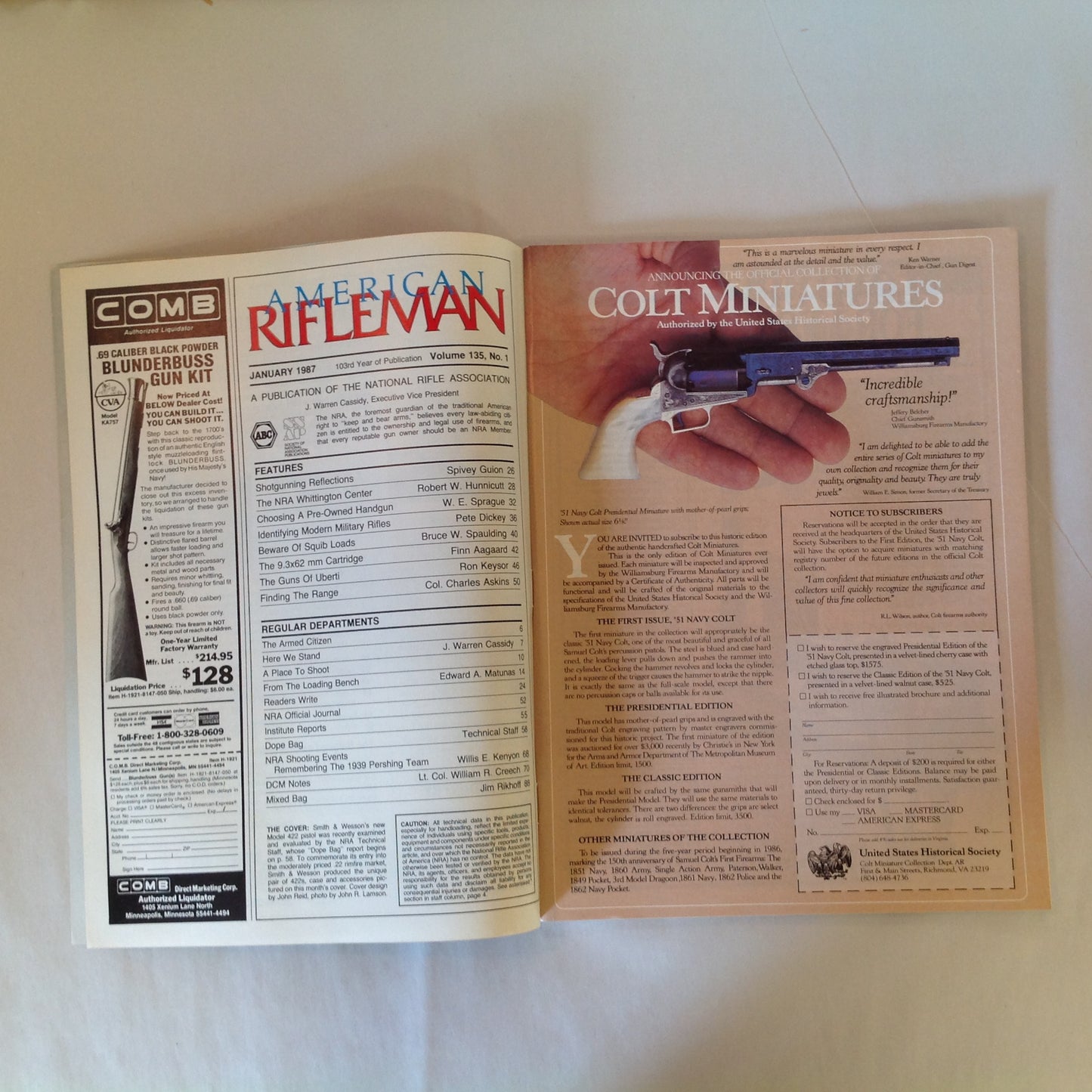 Vintage Jan 1987 American Rifleman Magazine Guns of Aldo Uberti Old Wingshooter Wisdom S&W's New Model 422
