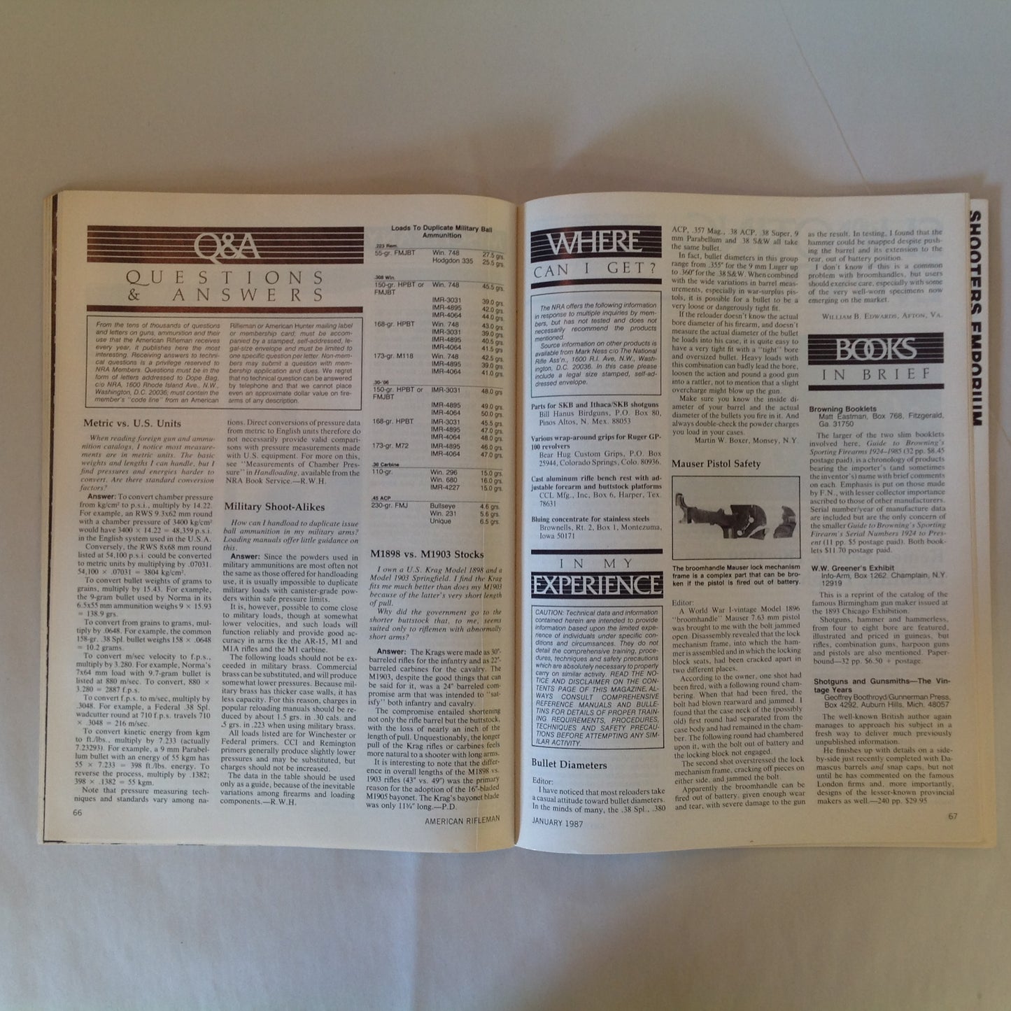 Vintage Jan 1987 American Rifleman Magazine Guns of Aldo Uberti Old Wingshooter Wisdom S&W's New Model 422