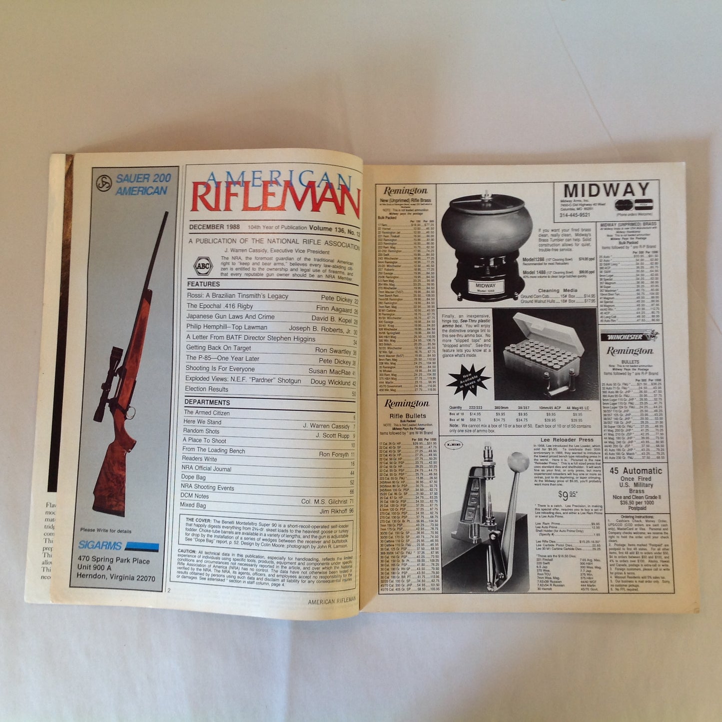 Vintage Dec 1988 American Rifleman Magazine Benelli Montefeltro Super 90 Firearms Laws Made in Japan Guns & Election Ruger's P-85