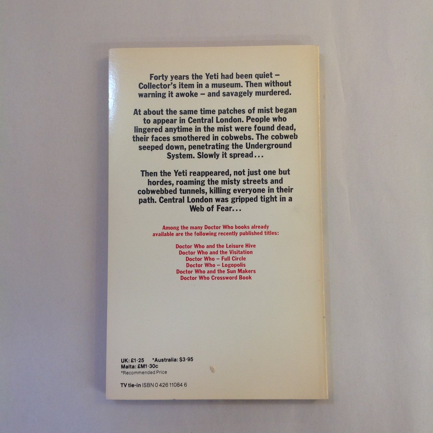 Vintage 1983 Mass Market Paperback Doctor Who and the Web of Fear Terrance Dicks