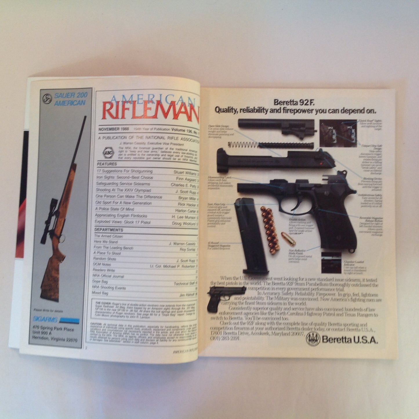 Vintage Nov 1988 American Rifleman Magazine Safeguarding Sidearm 17 Tips Wingshooting Aagaard Open Sights