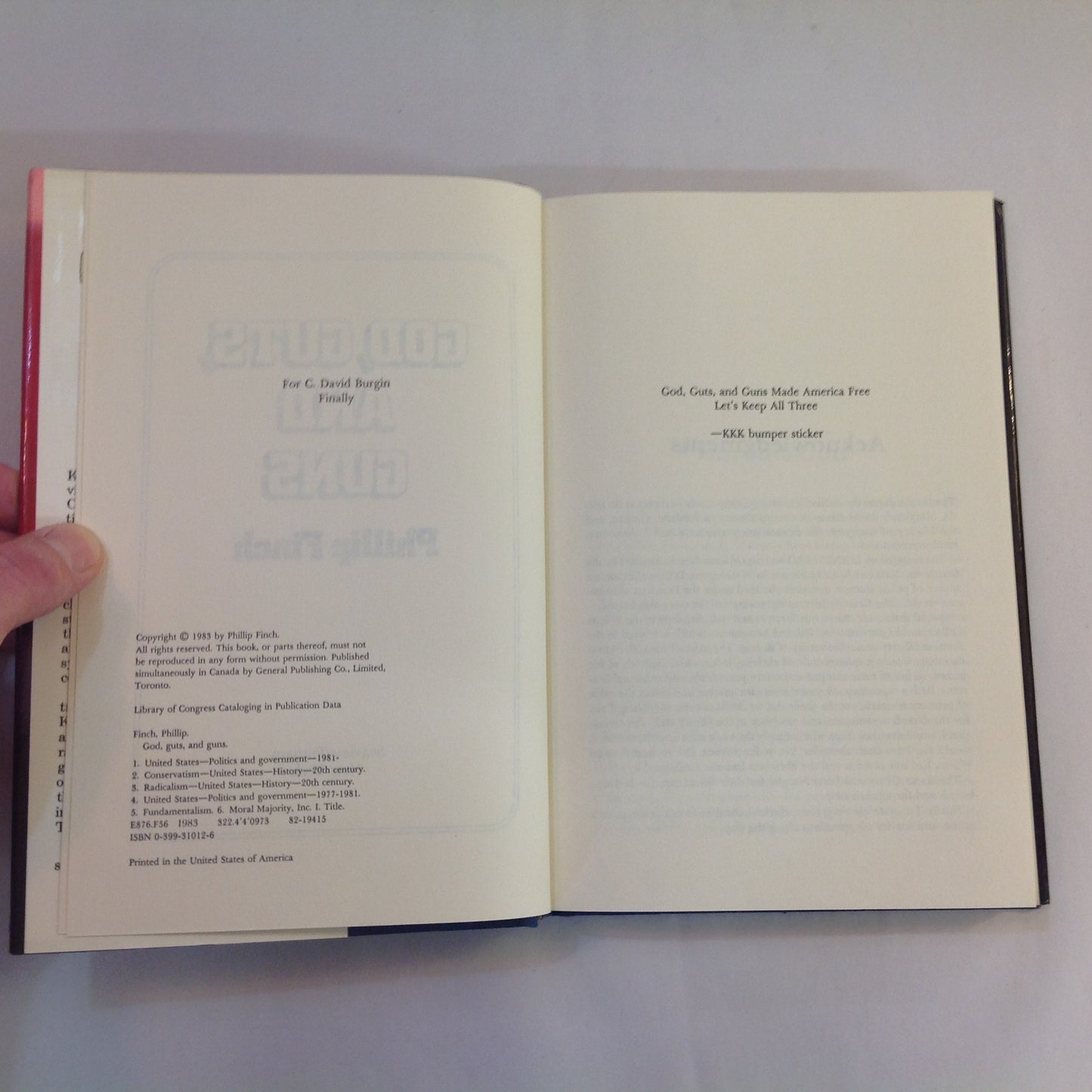 Vintage 1983 Hardcover God, Guts and Guns: A Close Look at the Radical Right Phillip Finch First Edition Signed